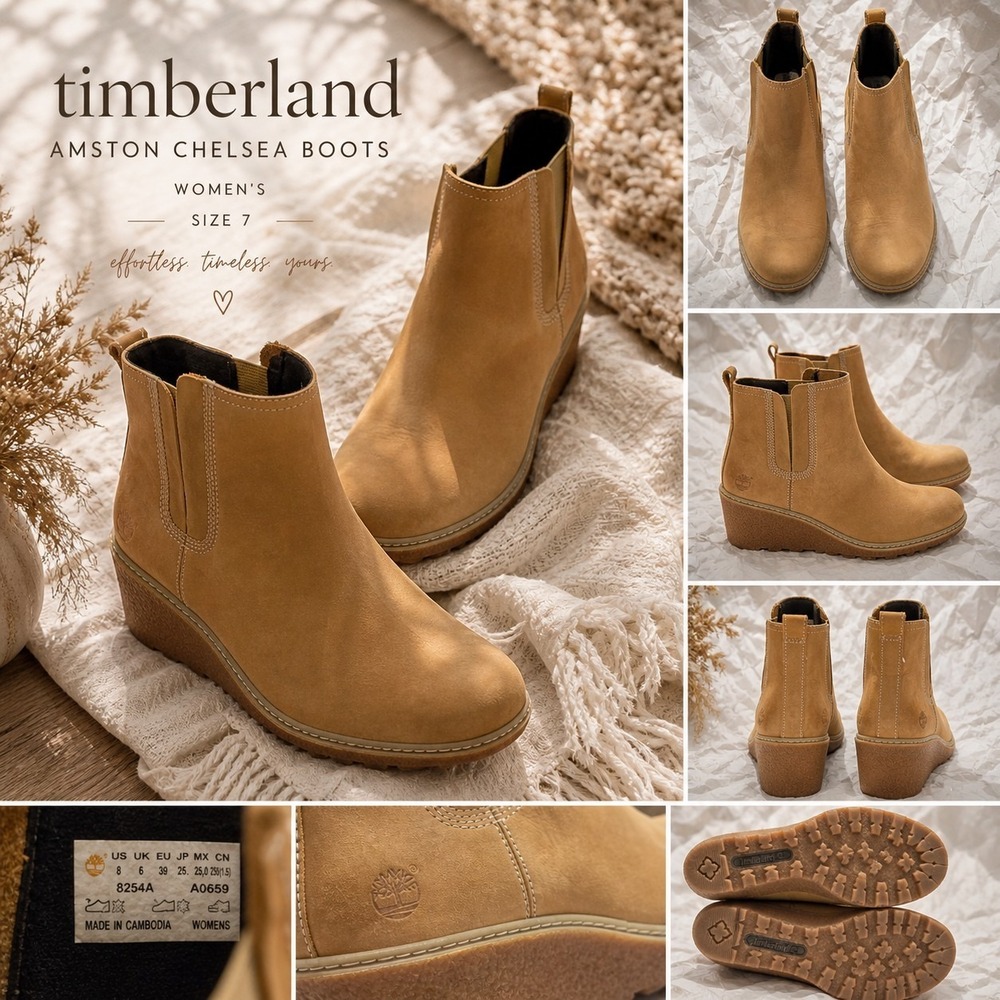 Timberland Amston Chelsea Boots Womens 9 Tan Leather Wedge Lug Sole Minimalist
